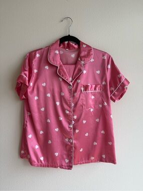 Pink Heart Print Satin Pajama set